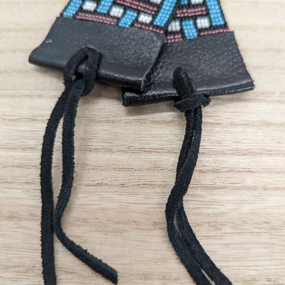 Loom Beaded Bracelet Purple & Teal w/ Leather Ends - Picture 5 of 5